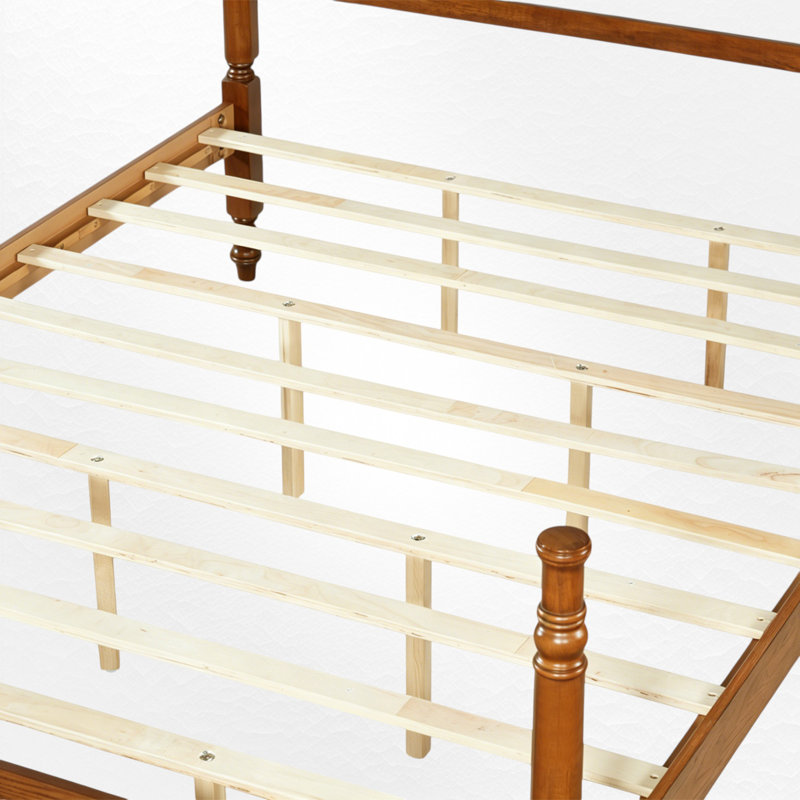 Wood Platform Bed Four Poster Bed, Queen, Light Walnut