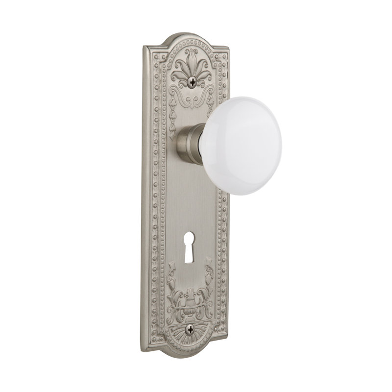 White Porcelain Interior Mortise Door Knob with Meadows Long Plate, Satin Nickel