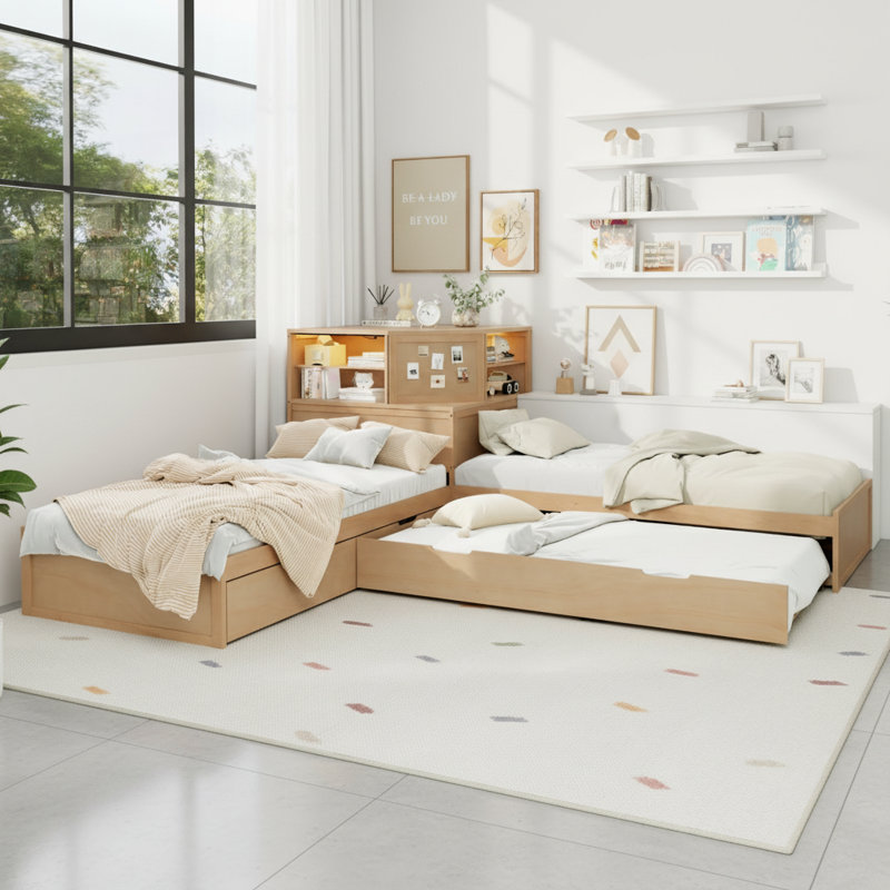 Structure de lit simple en forme de L avec lit gigogne et tiroir, lit plateforme en coin bas 3-en-1 avec bureau intégré et éclairage à DEL, naturel
