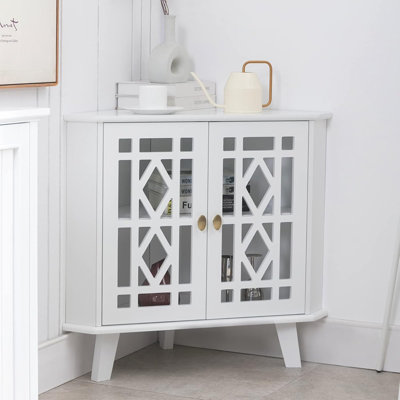 Étagère d'angle - Petite armoire avec 2 portes et 2 tablettes à niveaux, organisateur de rangement autoportant pour le salon, la salle à manger ou la salle de bain, blanc