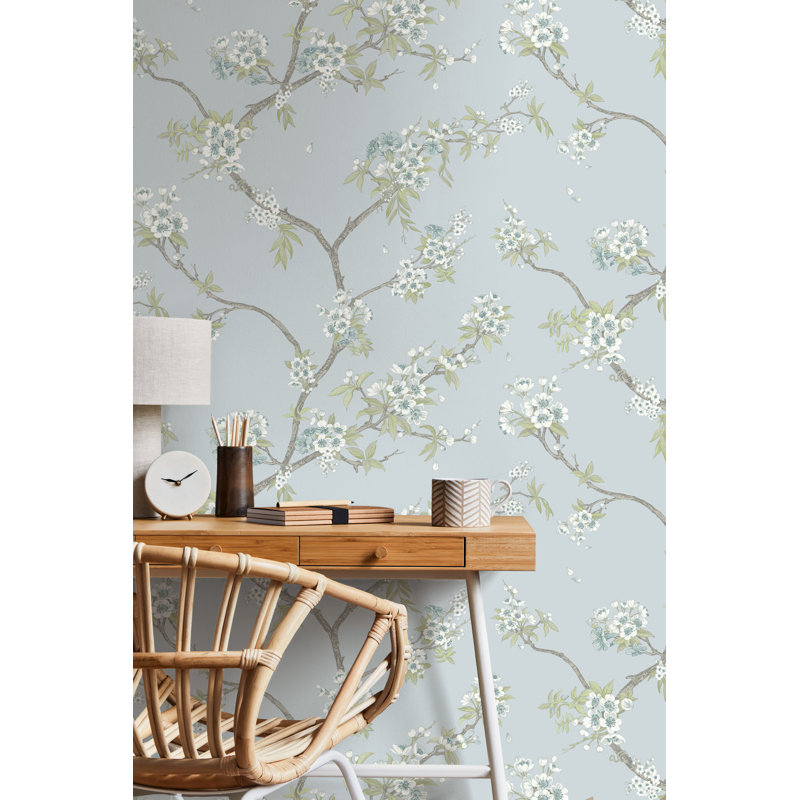 Papier peint cerisier en fleurs bleu non collé, Bleu