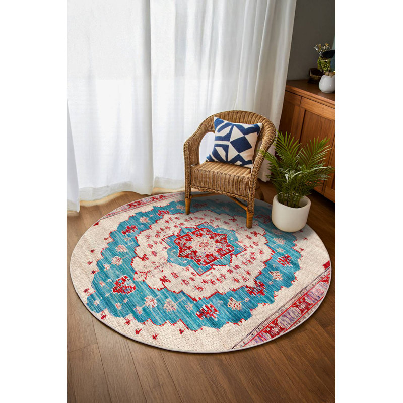 Tapis bleu en polyester à imprimé machine Gulustan, Rond 3 pi 4 po