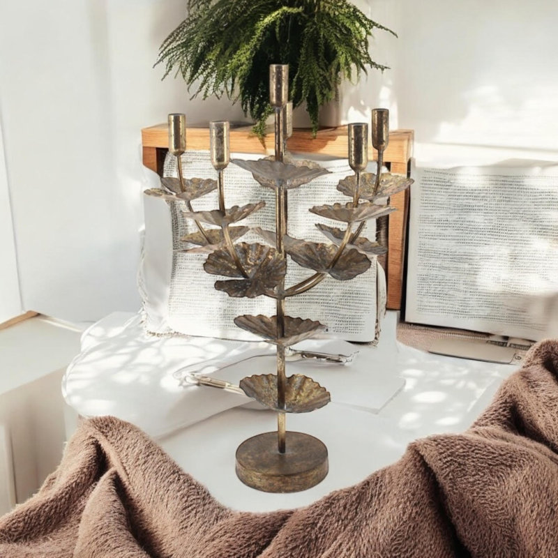 Metal Tabletop Candelabra - Antique Distressed Candle Holder for Dining Table, Mantel, Shelf and Home Décor, Gold