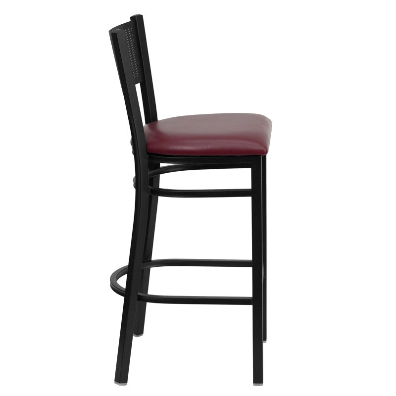 Hercules Black Grid Back Metal Bar Stool with Burgundy Vinyl Seat