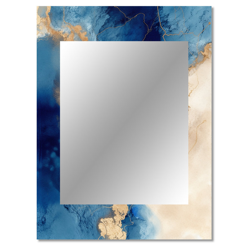 Blue and Gold Marble Clouds VII - Fractals Decorative Wall Mirror, Blue Large Mirror, Printed Metal Art, 40" x 30"
