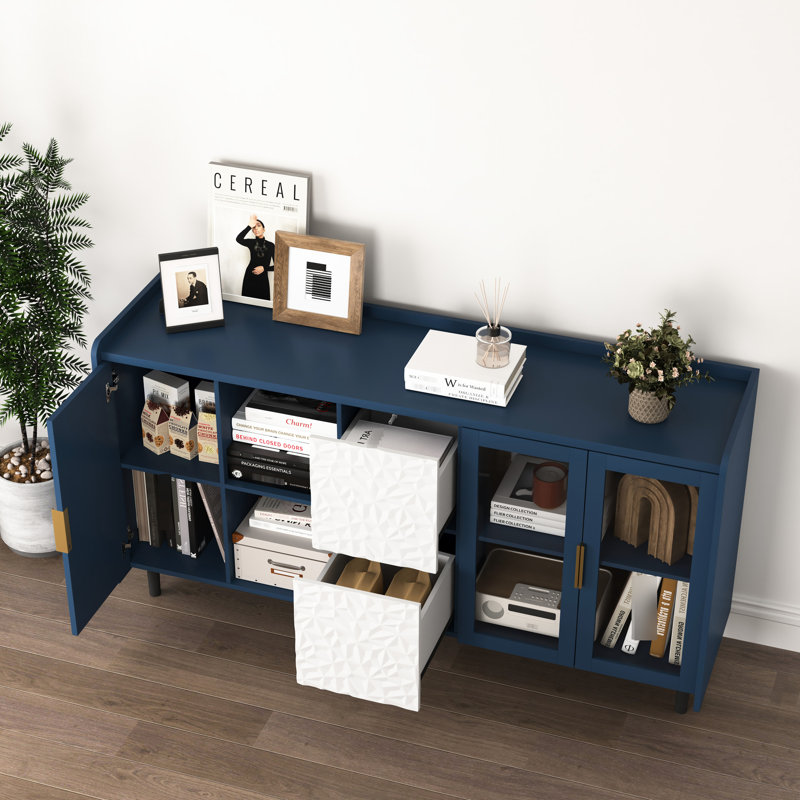 Armoire de cuisine bleue 55 po avec rangement, 2 tiroirs et portes en verre, table de buffet pour un rangement en bleu, salon et utilisation
