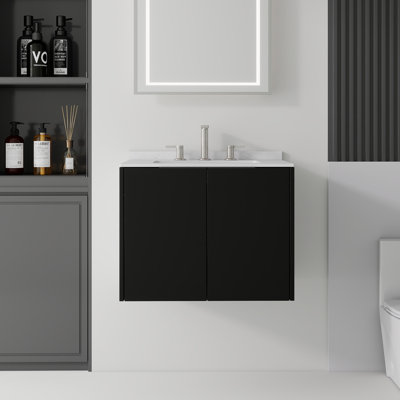 Meuble-lavabo flottant avec lavabo, avec porte à fermeture en douceur, comptoir en marbre de Carrare, contreplaqué, noir