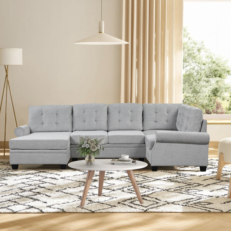 Upholstered U-Shaped Sectional Left Hand Facing, Gray 100% Linen