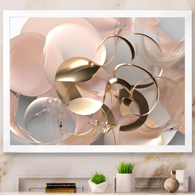 Art liquide, effervescence dorée et rose - 0, art mural, H 30 po x l 40 po, Cadre photo unique, Blanc