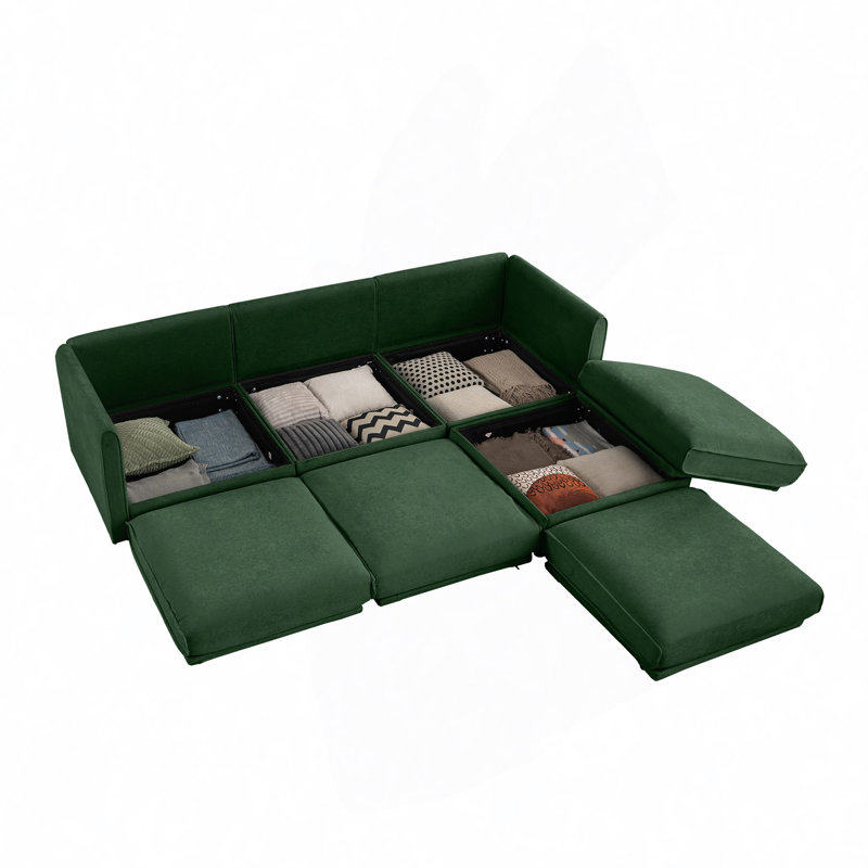 Khalil L-Shaped Chenille Sectional Sofa with Ottoman & Hidden Storage, Chenille verte, H 27,9 po x l 109 po x P 37,4 po