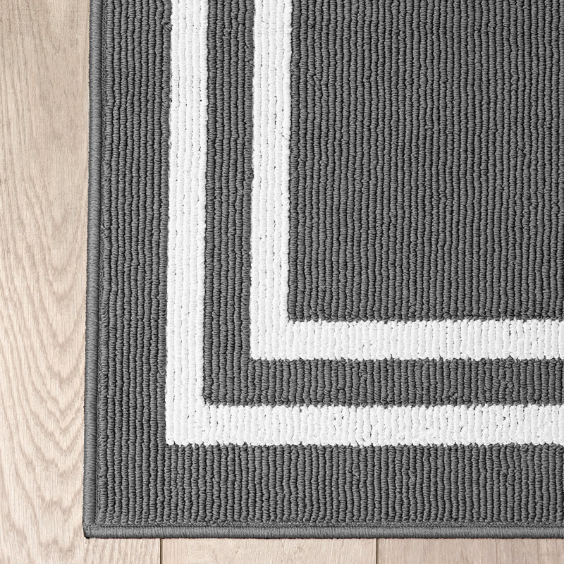 Double Border Machine Tufted Performance Dark Gray/White Rug, Runner 2'2" x 6'