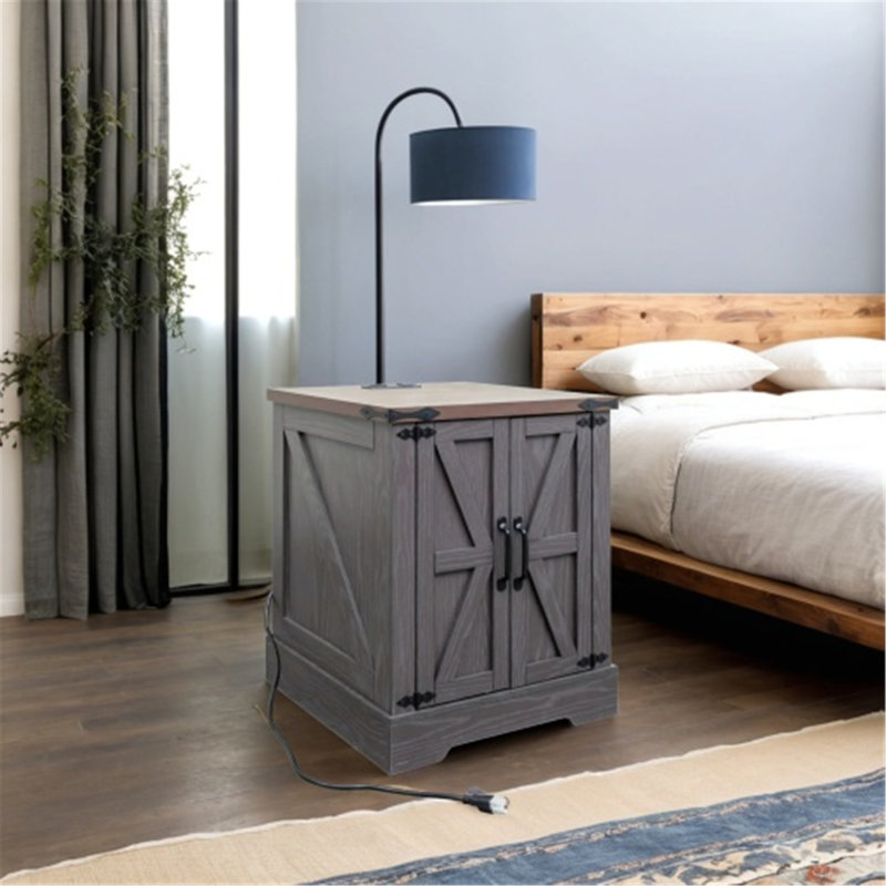 Versatile Farmhouse End Table with Charging and Storage Options, Gray