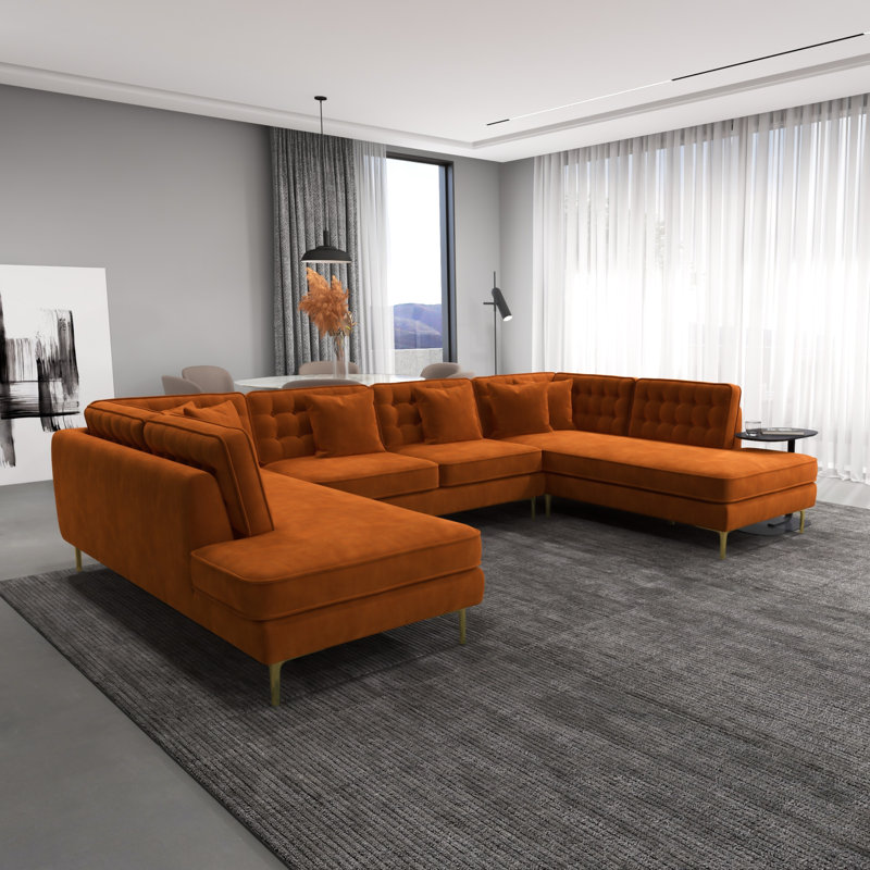 Tyne Velvet U-Shaped Sectional Symmetrical, Orange Velvet