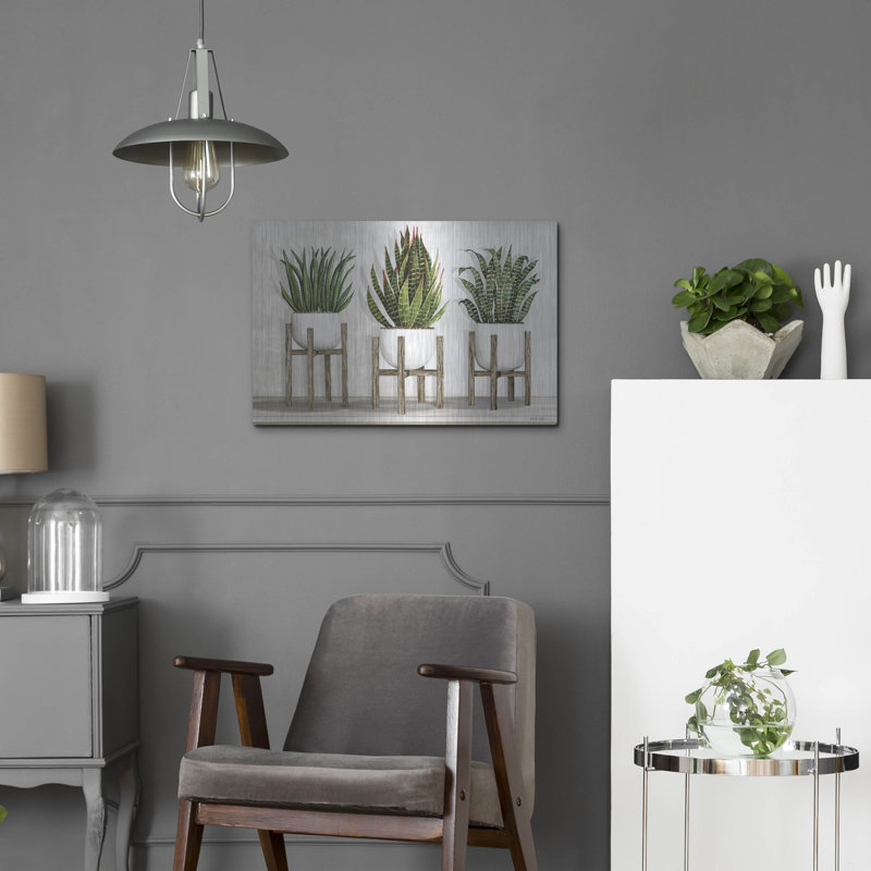 «White Pots on Stands I» par Cindy Jacobs, art mural en métal, 24 po x 16 po, H 16 po x l 24 po