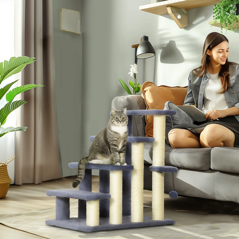 Escalier pour chat 4 niveaux Pawhut, escalier pour animaux avec échelle tapissée, grimpeur pour arbre à chat avec poteaux à griffer, balle de jeu suspendue, marche latérale, pour lit haut, canapé, gris
