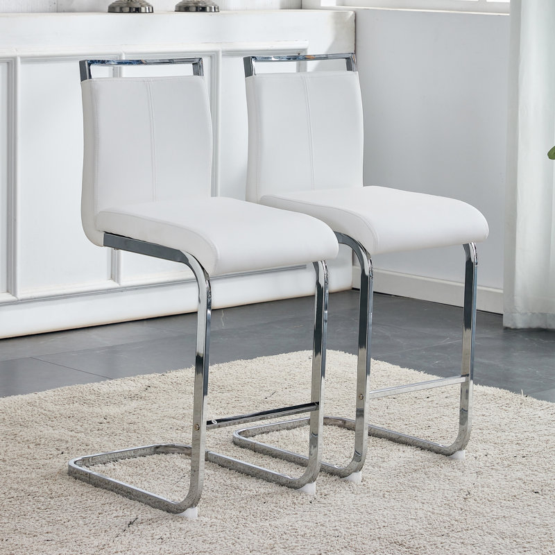 Chatrice 25'' Faux Leather Bar Stool, White, Silver