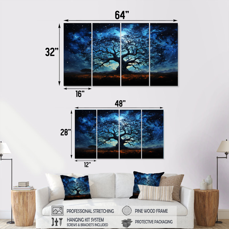 «Blue Afrique Serengeti Tree I», art mural 4 pièces, H 28 po x l 48 po