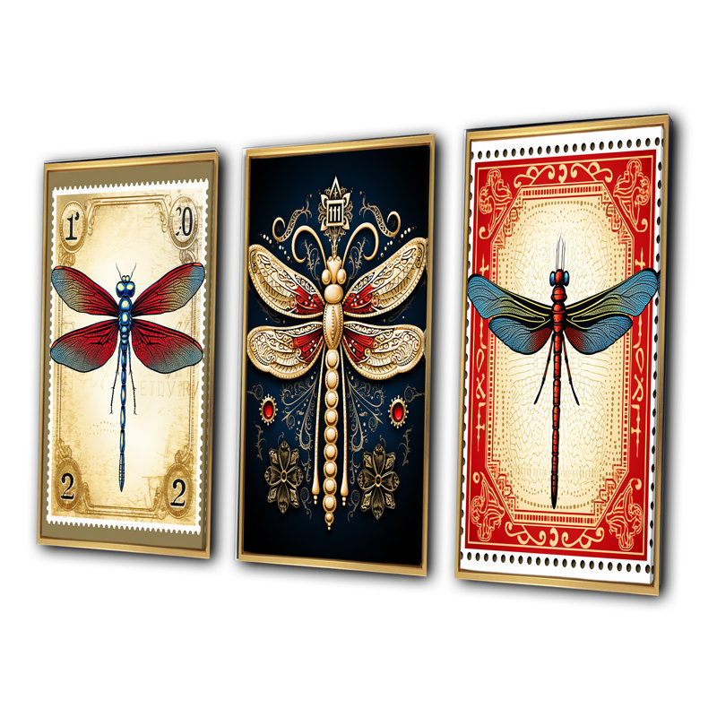 «Retro Stamp Illustration Of Red Dragonfly», 3 pièces sur toile, Encadrement doré, H 32 po x l 48 po