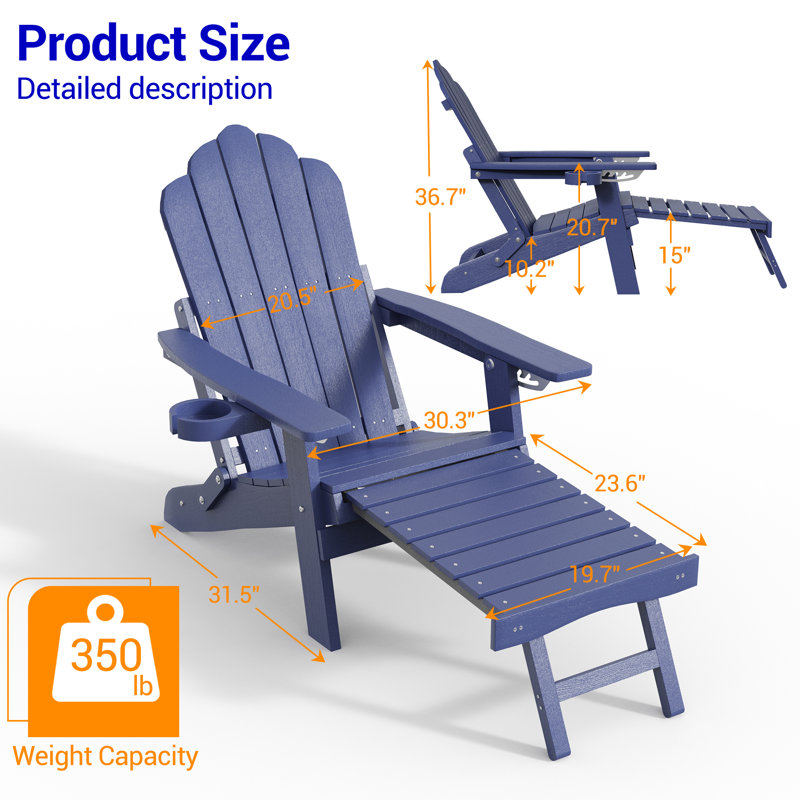 Folding Adirondack Chair with Cup Holders, Fire Pit Chair with Retractable Ottoman, Multifunctional HIPS Chair for Patio