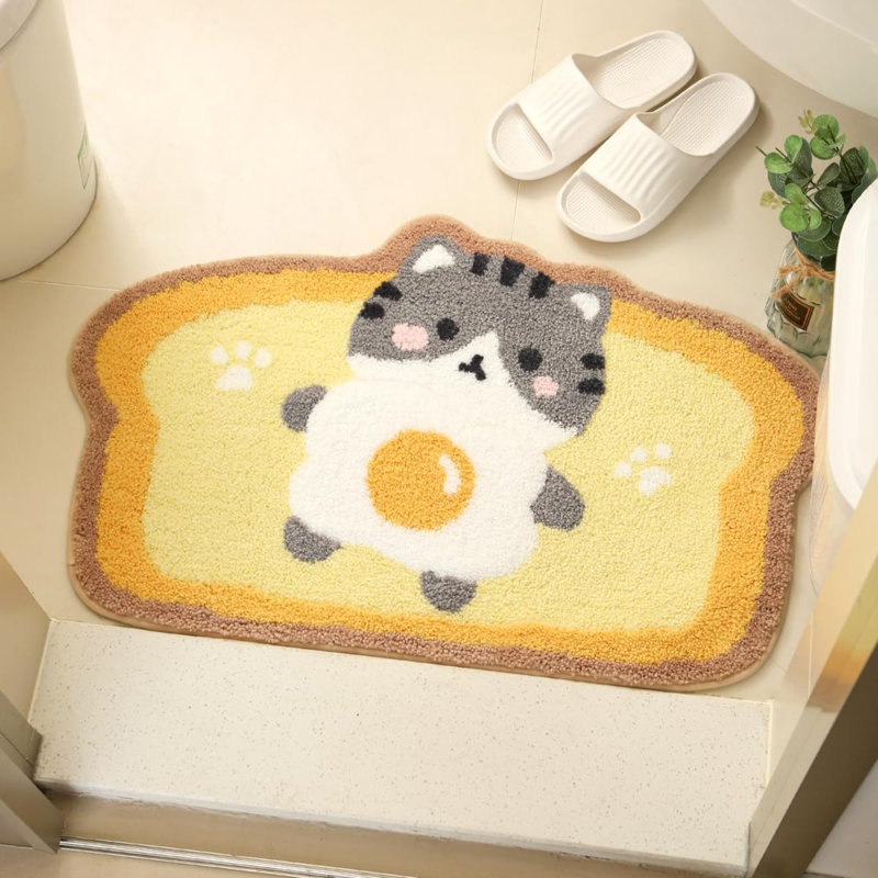 Mignon tapis de bain grillé, tapis de bain en microfibre doux et absorbant, tapis de douche à poils longs antidérapants, tapis de douche à sec, doux pour le plancher de la salle de bain, baignoire et douche, chat 18 x 26