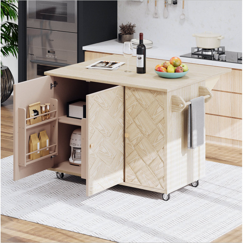 Îlot de cuisine en bois de frêne plaqué de frêne de 51,2 po de largeur (papier pas cher) avec abattant, îlot de cuisine sur roulettes avec support de rangement interne et chariot de cuisine