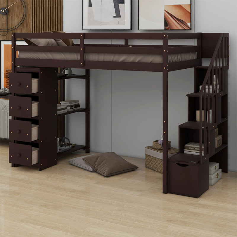 Loft Bed With Shelves,Drawers And Stairs, Espresso