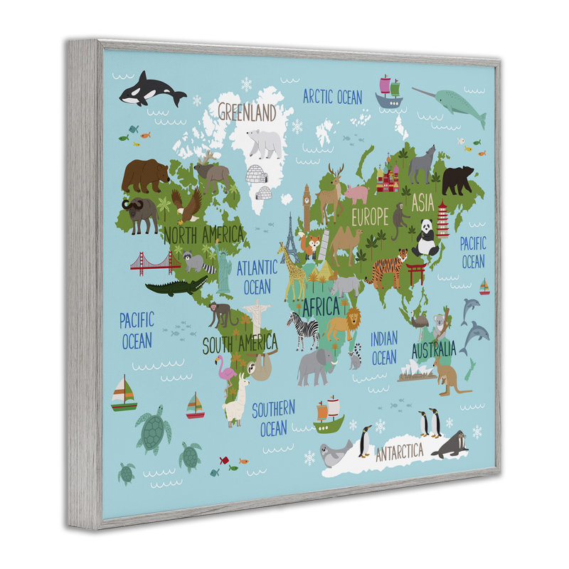 Kid's Animal World Map Favorite Régional par - impression, H 11 po x l 14 po, Estampe numérique Farmhouse
