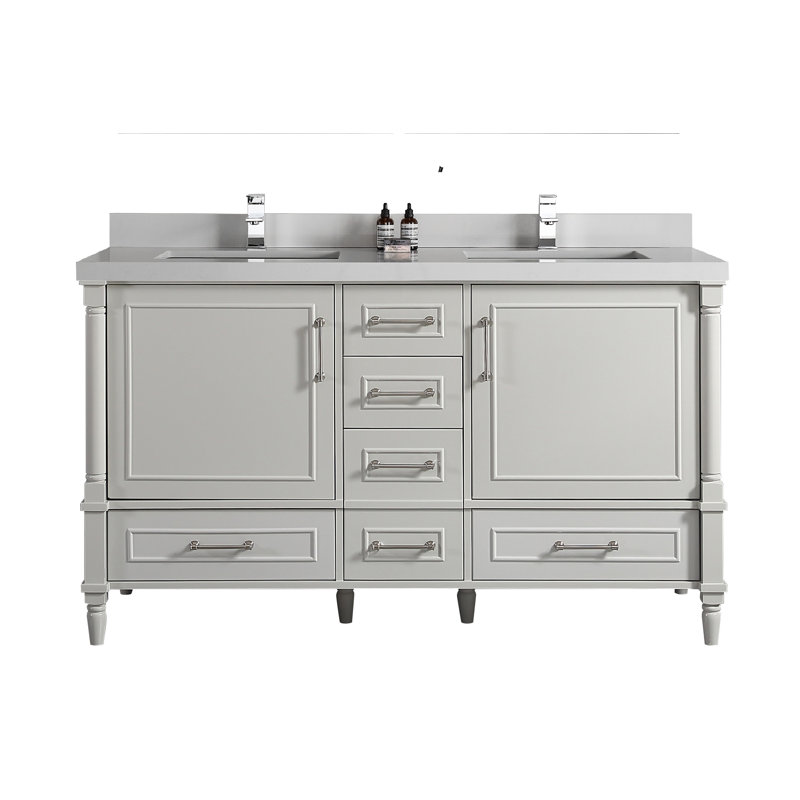 Ensemble de meuble-lavabo double 60 po Flavell, Quartz de Carrare, bordure droite, Gris Coventry