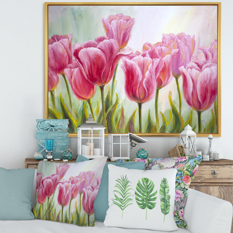 Tulipes, fleurs, peinture sur toile, H 16 po x l 32 po x p 1 po, Cadre flottant doré