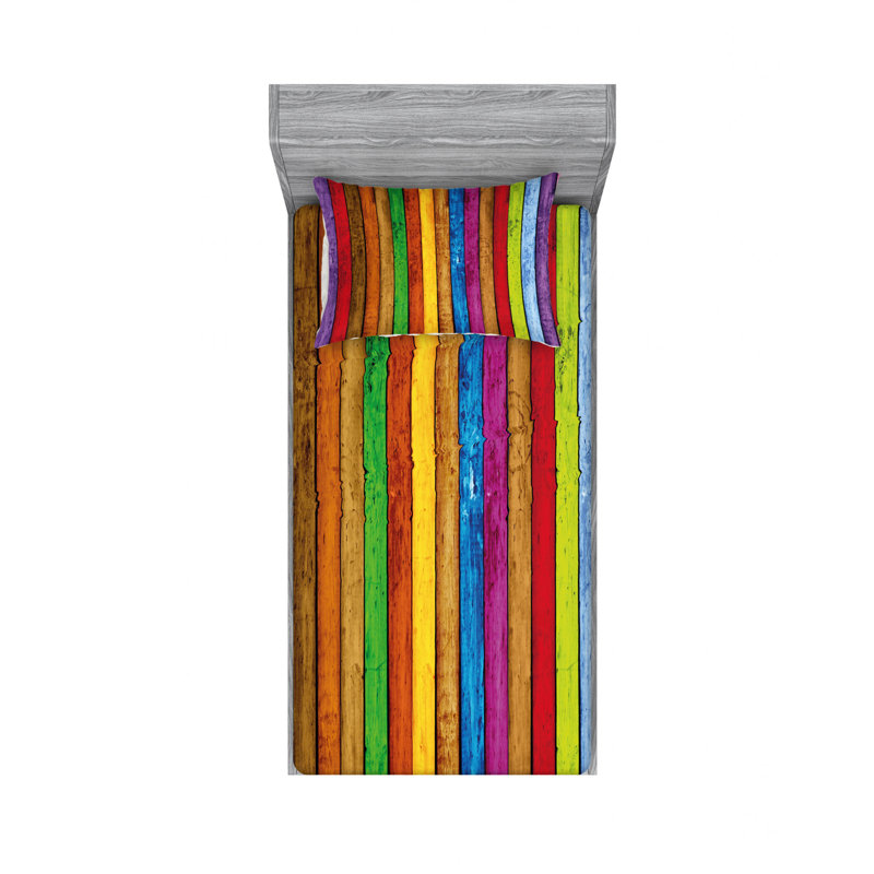 Microfiber Striped Sheet Set, Twin XL Sheet Set with Fitted Sheet, Planks as Background Cheerful Striped