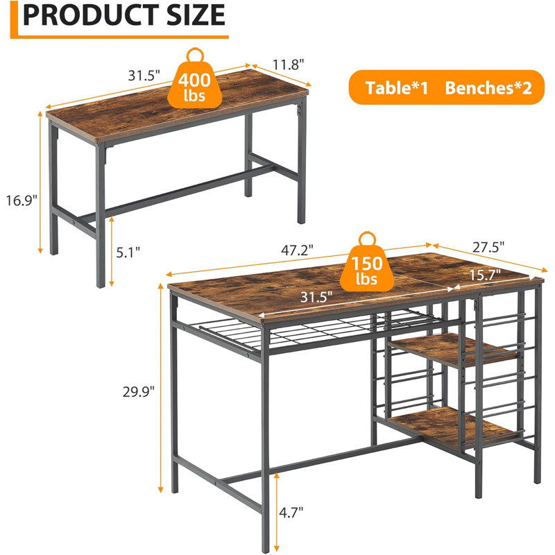 Ensemble de table de salle à manger 3 pièces rectangulaire avec support à vin, comprenant 2 bancs pour 4, idéal pour les petits espaces, les appartements et les dîners
