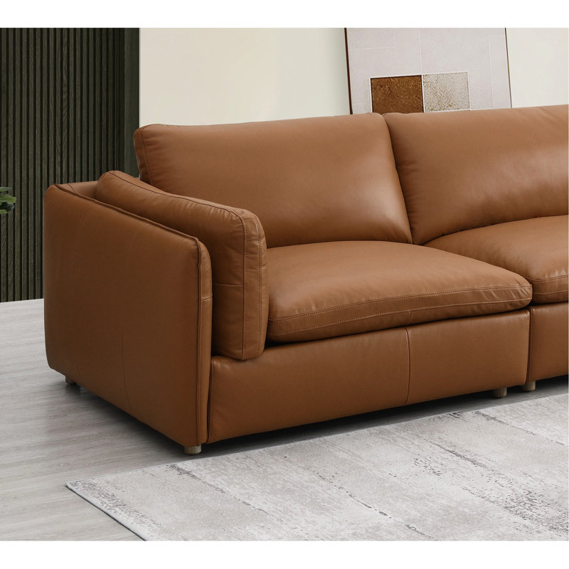 Canapé modulaire en cuir brun - 5 pièces, magnétisme contemporain, 4 sièges, moelleux à fermeté moyenne, rembourrage en mousse