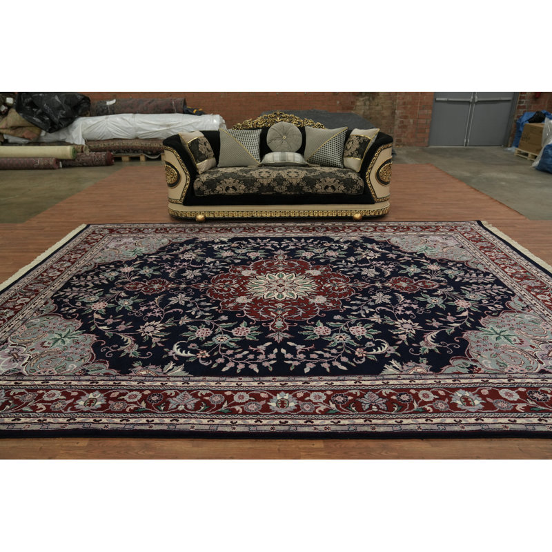 Tapis luxueux médaillon floral bleu marine et bourgogne avec élégance traditionnelle 10 x 14