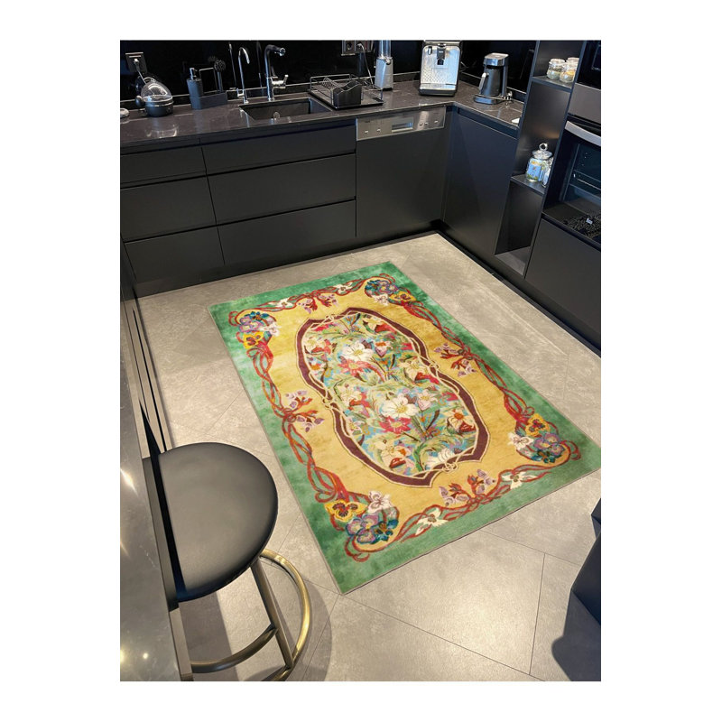 Tapis décoratif vert à motif floral, Sous-tapis rectangulaire 4 pi 7 po x 6 pi 7 po inc
