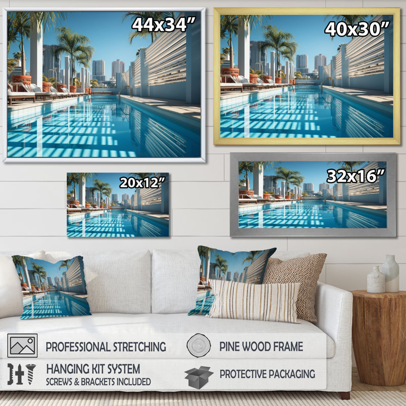 Turquoise Miami Skyscraper Shadows, reproduction d'art sur toile, H 16 po x l 32 po, Cadre flottant noir