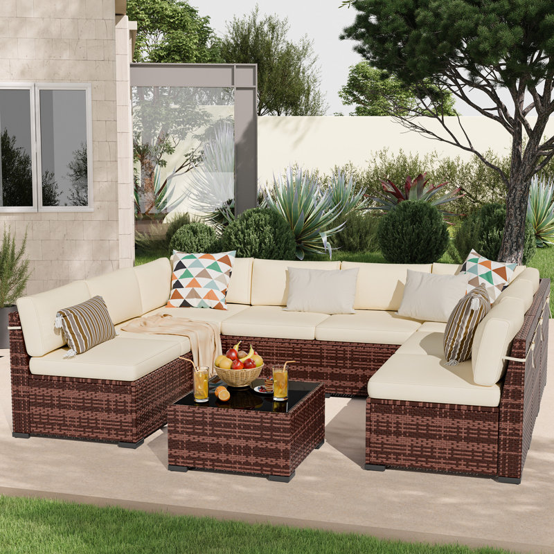 Avamay Rattan Sectional Seating Group with Cushions, Burgundy Performance Microfiber, Yes