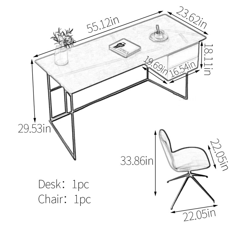Bureau en pierre frittée de qualité supérieure, H 29,53 po x l 55,12 po x P 23,62 po