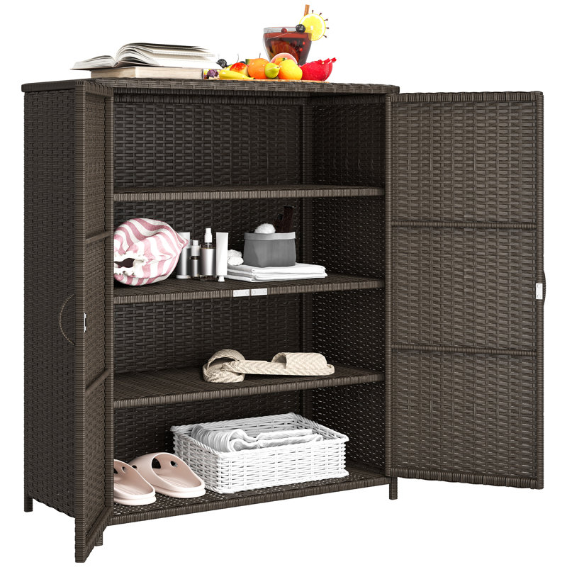 Wicker Outdoor Storage Cabinet, 4-Shelf Pool Storage, Espresso, Dark Coffee