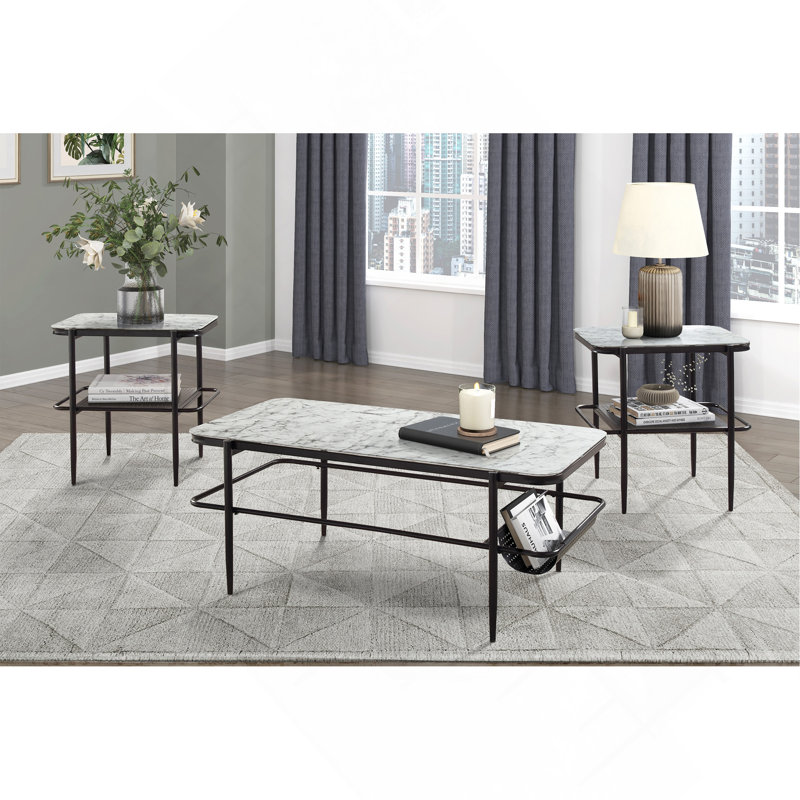 Table basse, ensemble de 3 tables d'appoint élégantes avec plateau en verre trempé et tables de bout en marbre blanc