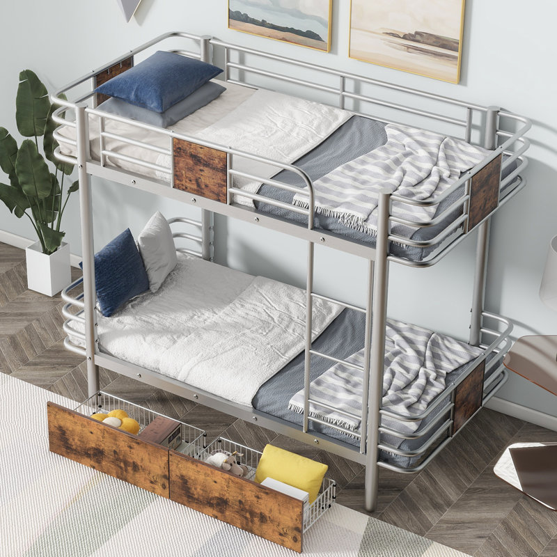 Lit superposé simple TG au-dessus de simple TG avec garde-corps en panneau de fibres à densité moyenne et deux tiroirs de rangement