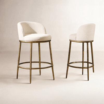Gelder 26.5" Modern Glam Upholstered Bar Stool with Hammered Metal Legs & Curved Low Back for Kitchen Island