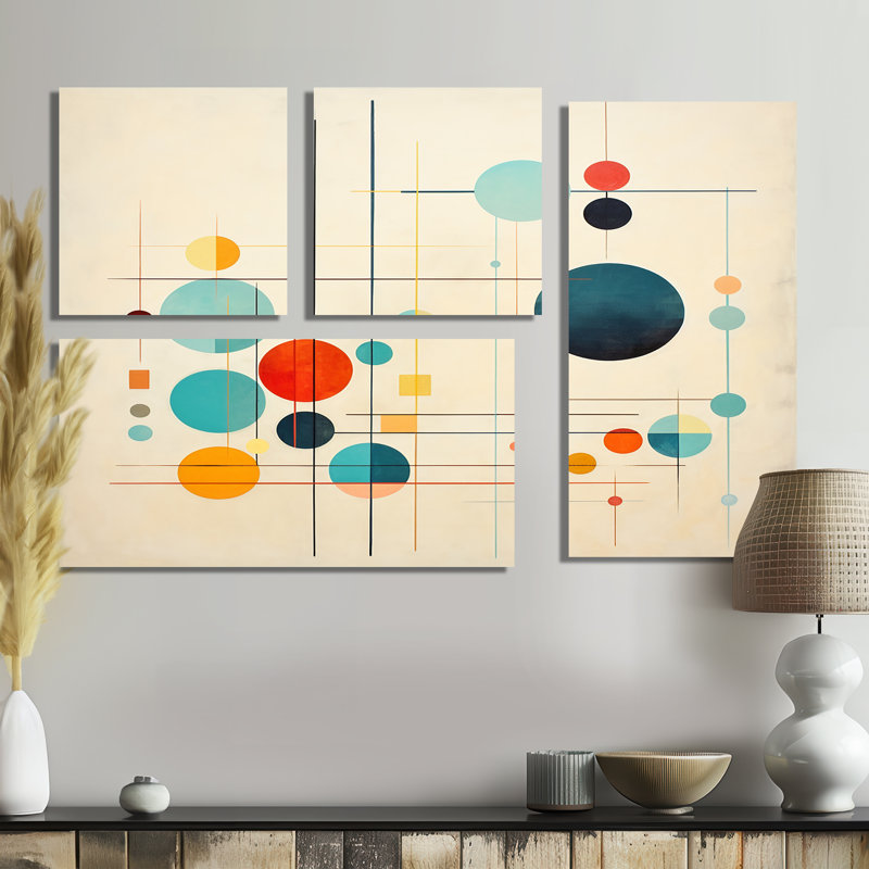 Syncronicities Midcentury Elegant Retro Art - Abstract Midcentury, impressions sur toile 4 pièces, Toile tendue