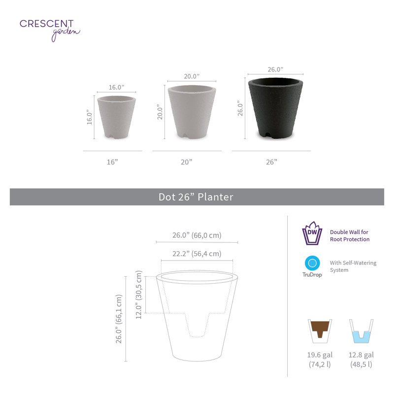Dot Self Watering Plastic Pot Planter, Caviar Black, 26" H x 26" W x 26" D