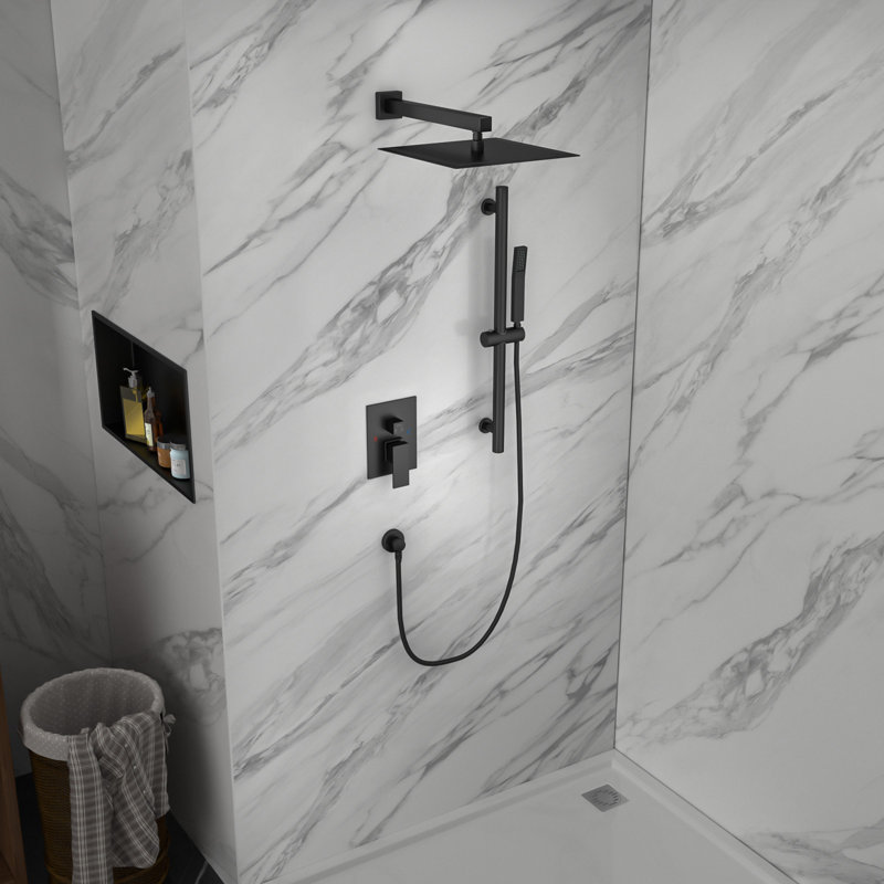 12 Inch Ceiling Mounted Shower System Rain Mixer Shower Combo Set Square Shower Head with Slide Bar, Matte Black