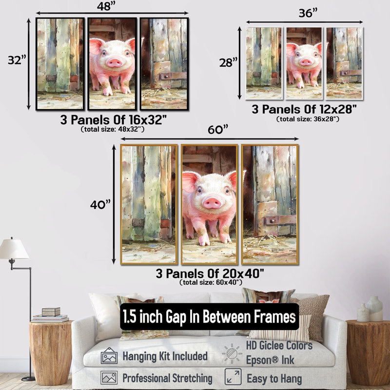 Portrait de mignon cochon de ferme - décoration murale cochon - 3 pièces, H 28 po x l 36 po, Blanc