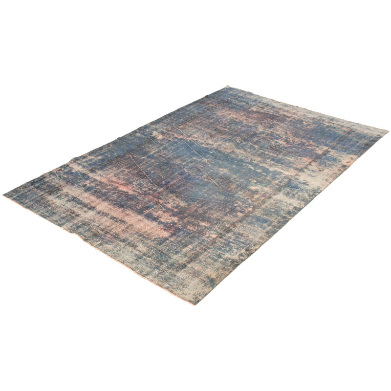 Tapis décoratif bleu en laine de conception unique 6 pi 3 po x 10 pi 4 po noué à la main