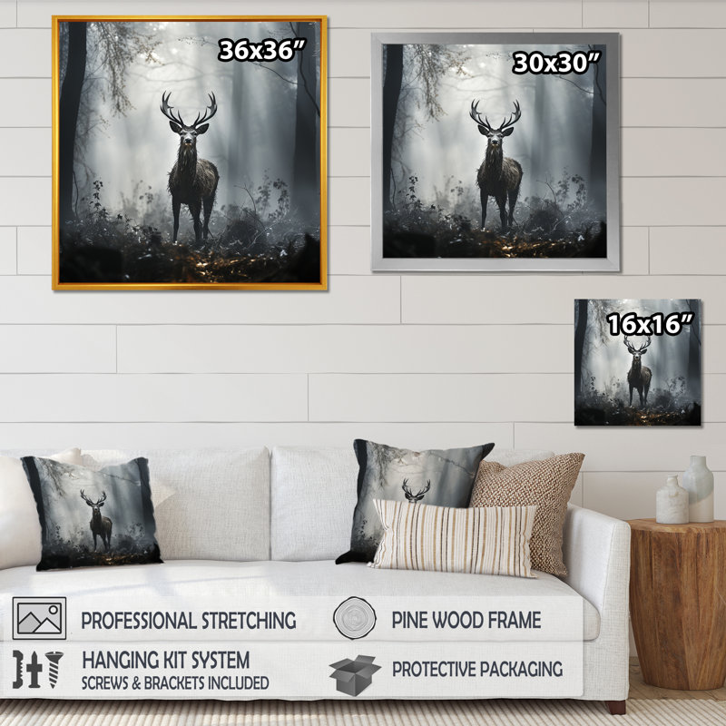 Portrait de cerf gris dans la forêt mystique II - art mural cerf, H 30 po x l 30 po x P 1,5 po, Encadrement doré