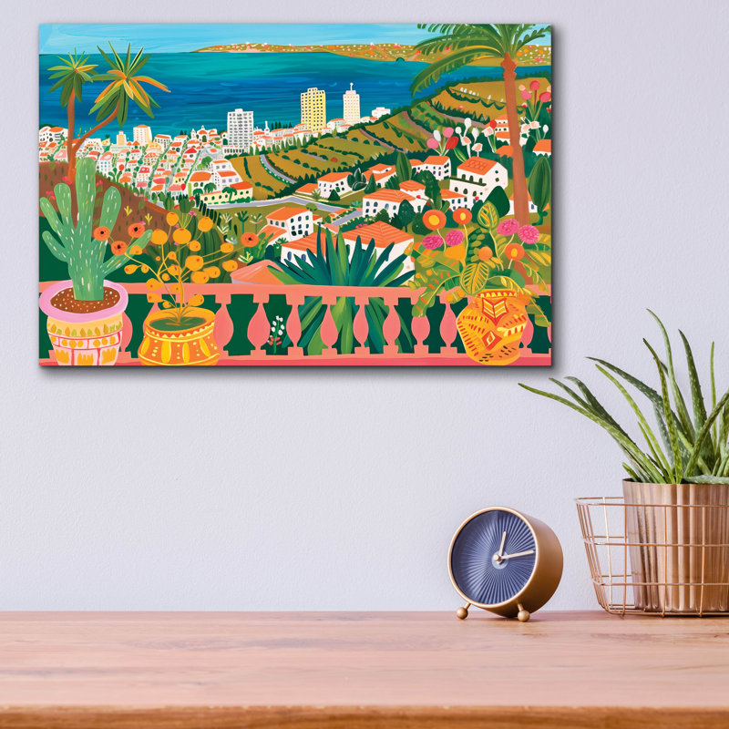 «Verdant Terrace Embrace Coastal Metropolis» par Doron David, art mural en verre acrylique, 16 po x 12 po