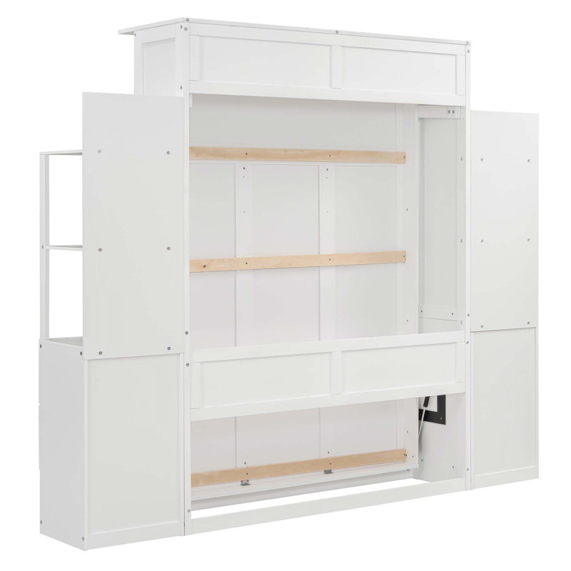 Hakancan Murphy Bed with Bookcase, Drawers and LED Lights, Full, White