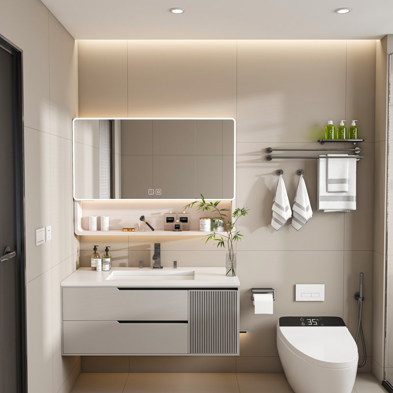 Armoire à pharmacie lumineuse 35 pouces Roomfitter, miroir de salle de bain en aluminium avec désembueur et rangement pour cosmétiques, kaki